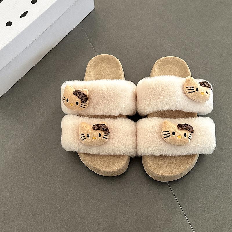 Милое мультяшное слово с кошкой KT, тапочки-шлепанцы на плоской подошве для женщин, осень-зима 2025, замшевые комнатные тапочки для дома на толстой подошве 40 белый