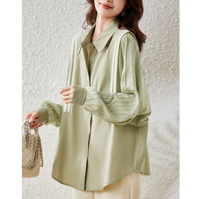 September Momo Stripes Patchwork Fake Two-Piece Long Sleeves Shirt Women s Spring & Fall European Goods Loose Chic Elegant Slim Looking Tops Green L
September Momo Stripes Patchwork Fake Two-Piece Long Sleeves Shirt Women s Spring & Fall European Goods Loose Chic Elegant Slim Looking Tops Green L