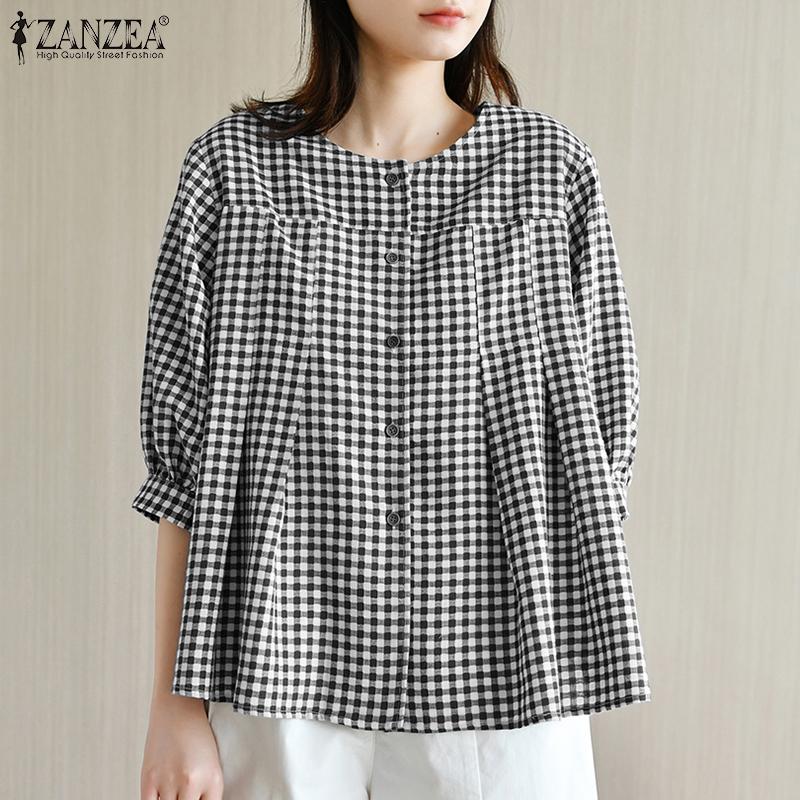 ZANZEA Женская свободная повседневная летняя клетчатая блузка с рукавом 3/4
ZANZEA Женская свободная повседневная летняя клетчатая блузка с рукавом 3/4