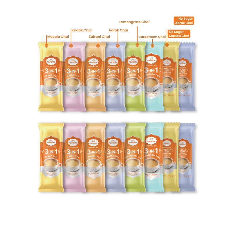 Namaste Chai 3 in 1 Assorted Tea Premix with Sugar and No Sugar - 16 Sachets | Readymade Chai Mix Instant Sachets | Kadak, Adrak, Lemongrass, Zafra
Namaste Chai 3 in 1 Assorted Tea Premix with Sugar and No Sugar - 16 Sachets | Readymade Chai Mix Instant Sachets | Kadak, Adrak, Lemongrass, Zafra