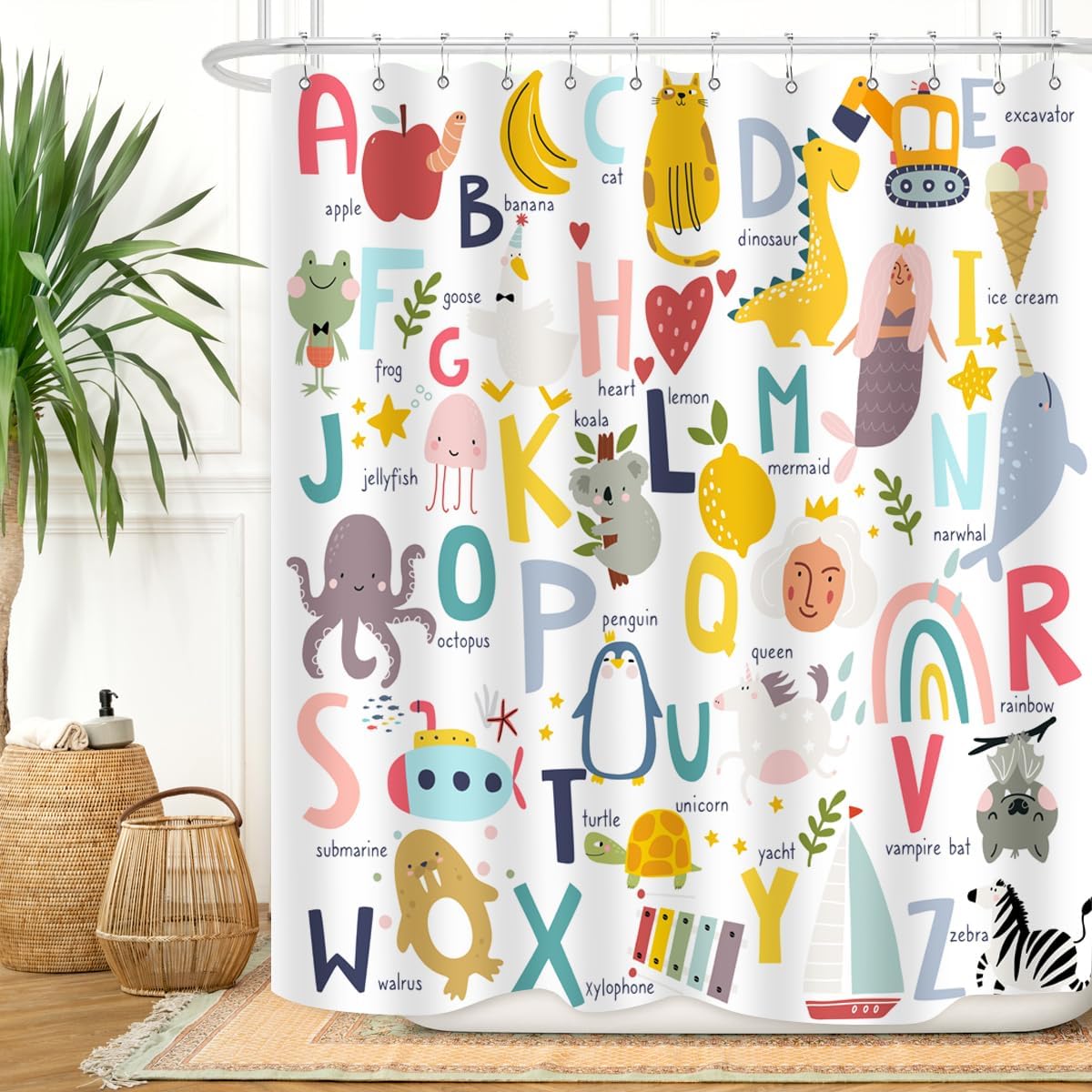 Kids Educational Shower Curtain ABC Learning Tool Funny Cartoon Animals Colors Shapes Weathers Multiplication Table Girls Boys 90x180CM
Kids Educational Shower Curtain ABC Learning Tool Funny Cartoon Animals Colors Shapes Weathers Multiplication Table Girls Boys 90x180CM
