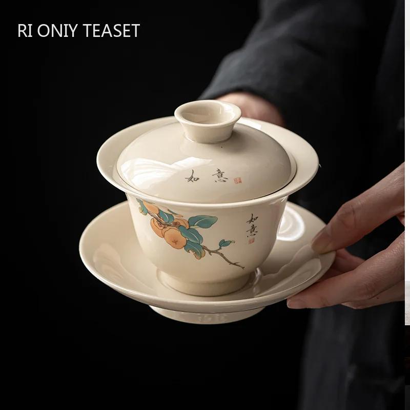 Chinese Tradition Ceramic Tea Tureen Teacup Hand-painted Persimmon Gaiwan Handmade Porcelain Tea Bowl Home Tea Set Accessories
Chinese Tradition Ceramic Tea Tureen Teacup Hand-painted Persimmon Gaiwan Handmade Porcelain Tea Bowl Home Tea Set Accessories