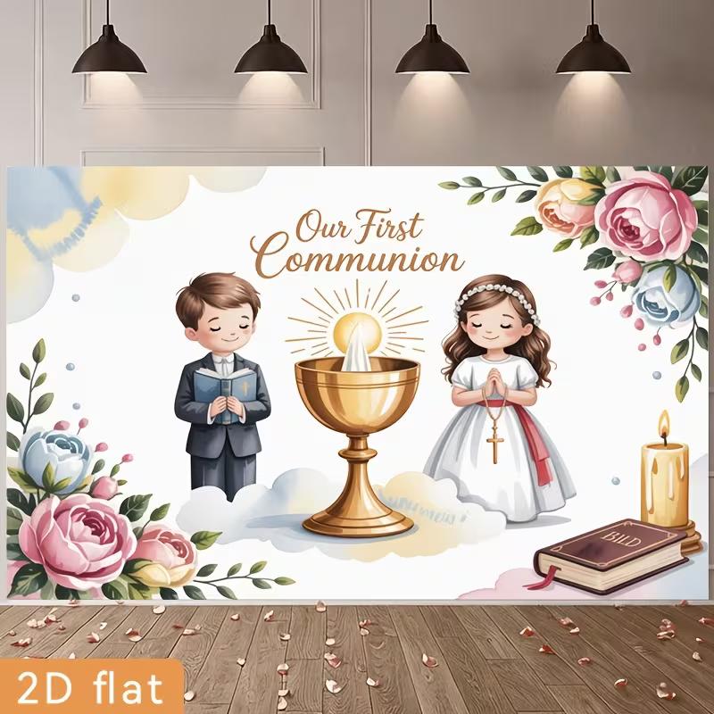 2D First Communion Backdrop, Boy and Girl Chalice & Bible Photo Booth Background Banner 47.2x31.5inch/120*80cm
2D First Communion Backdrop, Boy and Girl Chalice & Bible Photo Booth Background Banner 47.2x31.5inch/120*80cm