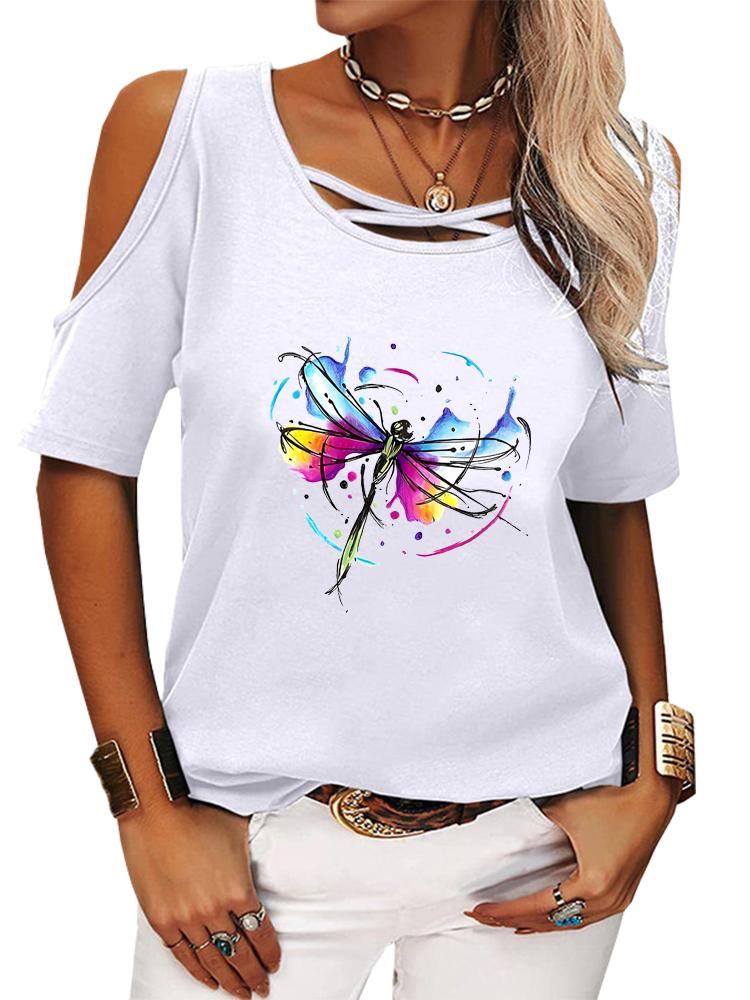 Женская повседневная футболка с круглым вырезом, летняя футболка с коротким рукавом, пуловер с принтом и открытыми плечами, футболка