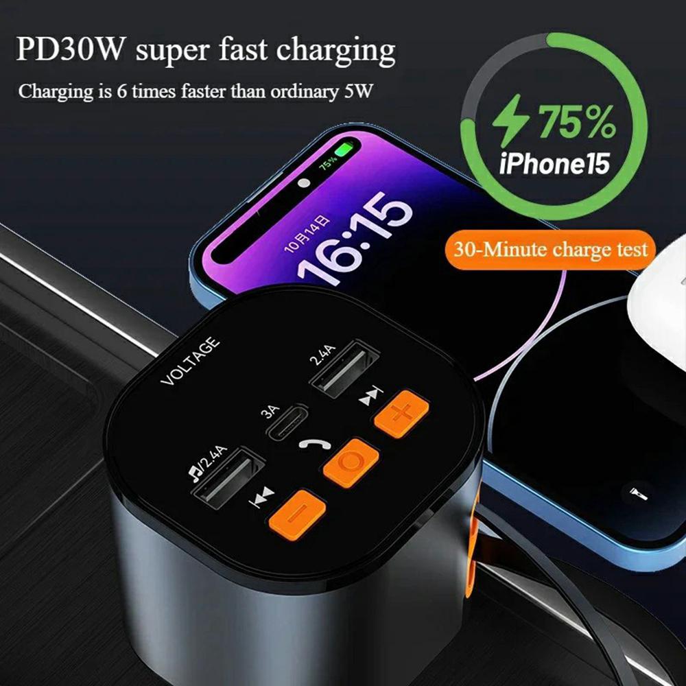 PT-21 QC Fast Charging Adapter FM Transmitter Voltage Display Car Charger with iP/Type C Retractable Cables A
PT-21 QC Fast Charging Adapter FM Transmitter Voltage Display Car Charger with iP/Type C Retractable Cables A