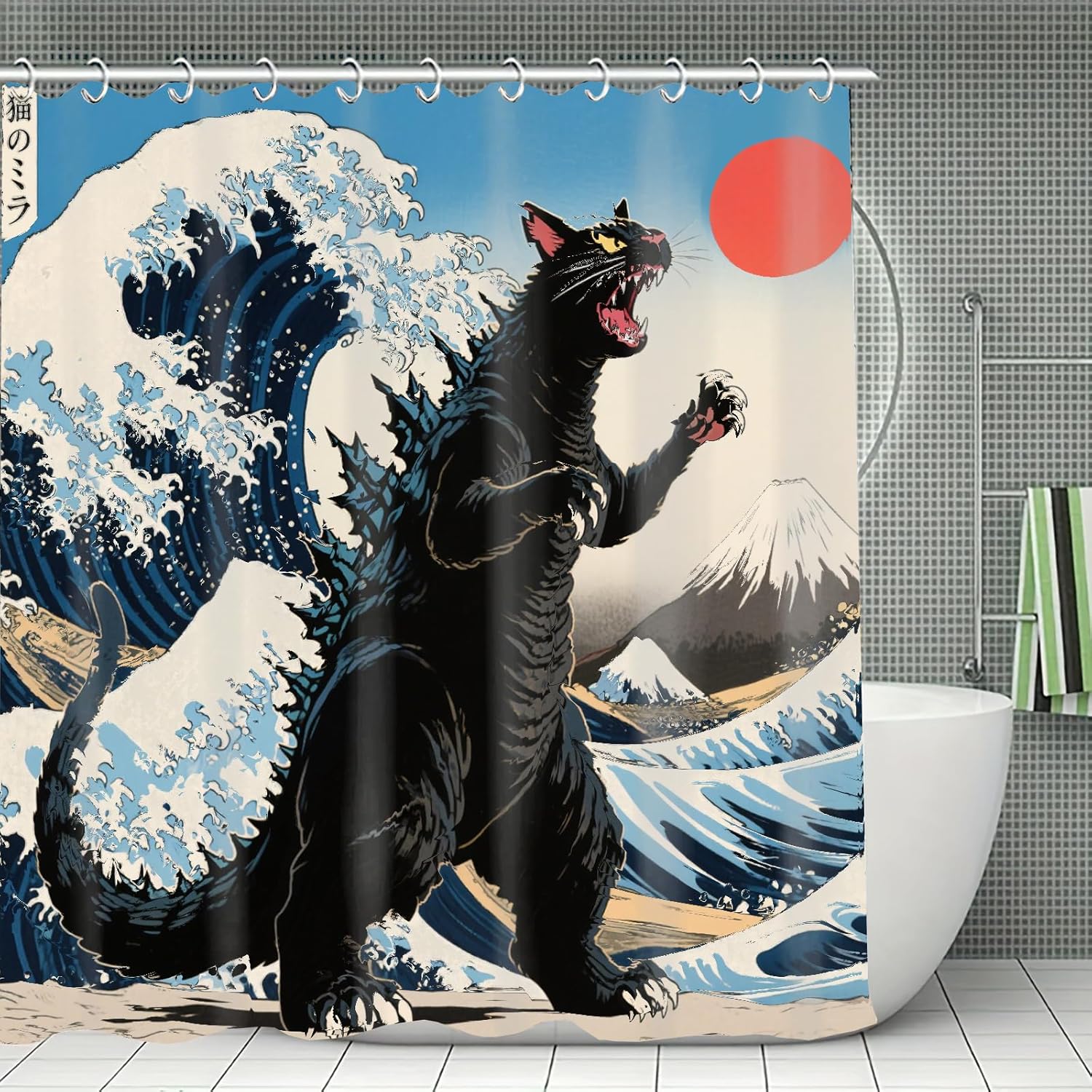 Funny Cat Japanese Dinosaur Art Anime Sunset Wave Shower Curtain, Waterproof Washable Durable Fabric Bathroom Decor W60H190(CM)-1 Pcs
Funny Cat Japanese Dinosaur Art Anime Sunset Wave Shower Curtain, Waterproof Washable Durable Fabric Bathroom Decor W60H190(CM)-1 Pcs