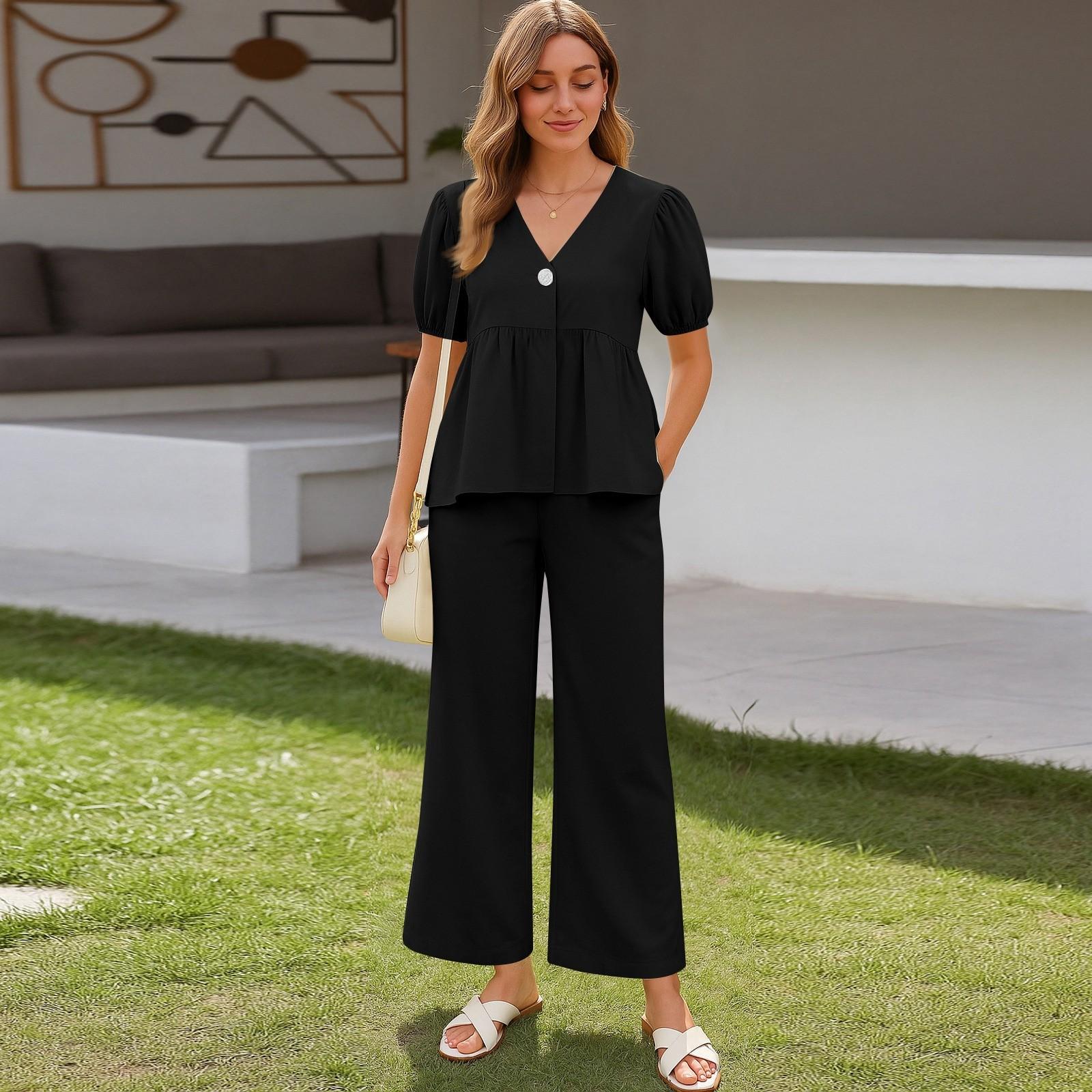 Женские комплекты из 2 предметов, топы с короткими рукавами и широкими штанами, спортивные костюмы L чёрный
Женские комплекты из 2 предметов, топы с короткими рукавами и широкими штанами, спортивные костюмы L чёрный