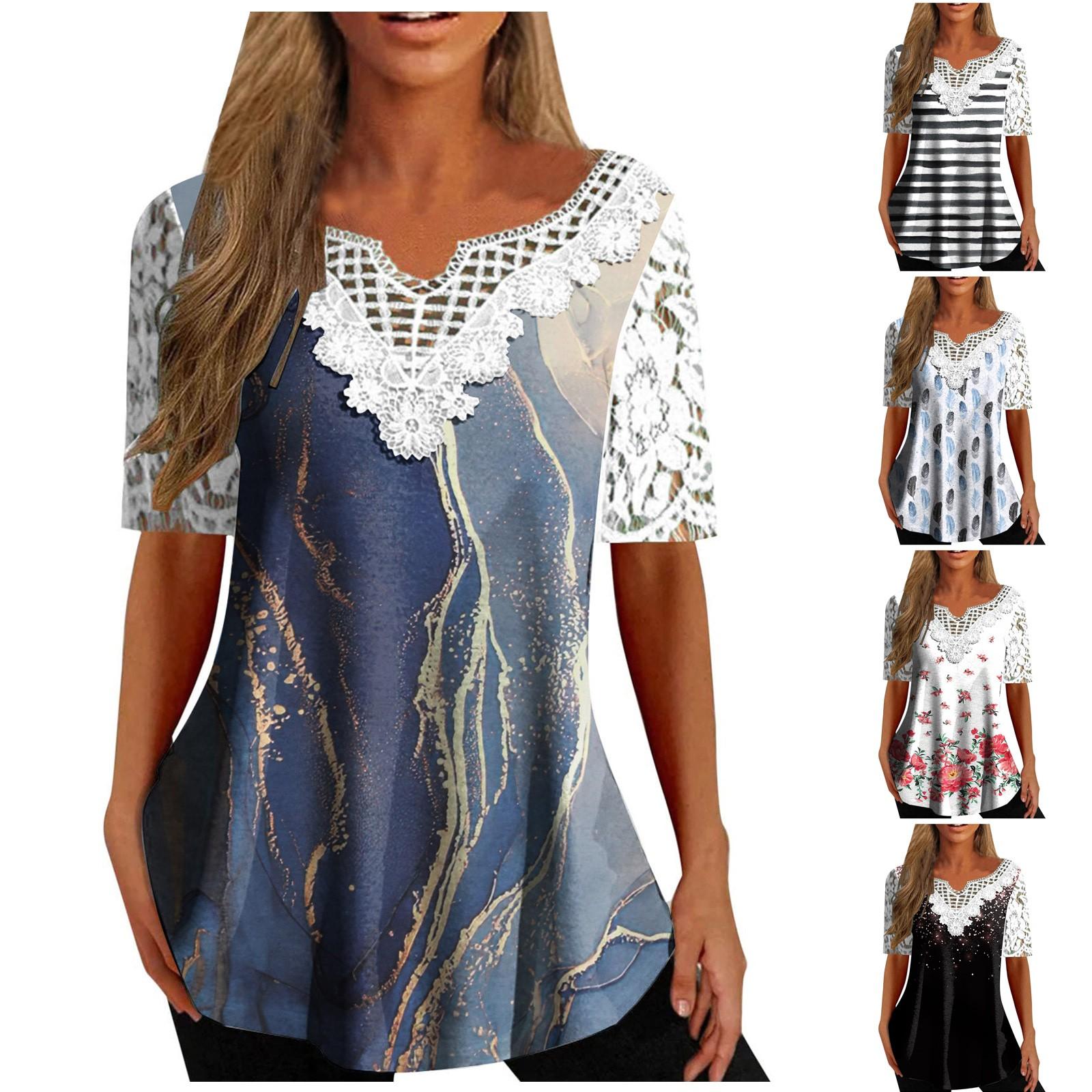Женские модные повседневные топы с короткими рукавами и v-образным вырезом с кружевной отделкой и принтом 
Женские модные повседневные топы с короткими рукавами и v-образным вырезом с кружевной отделкой и принтом