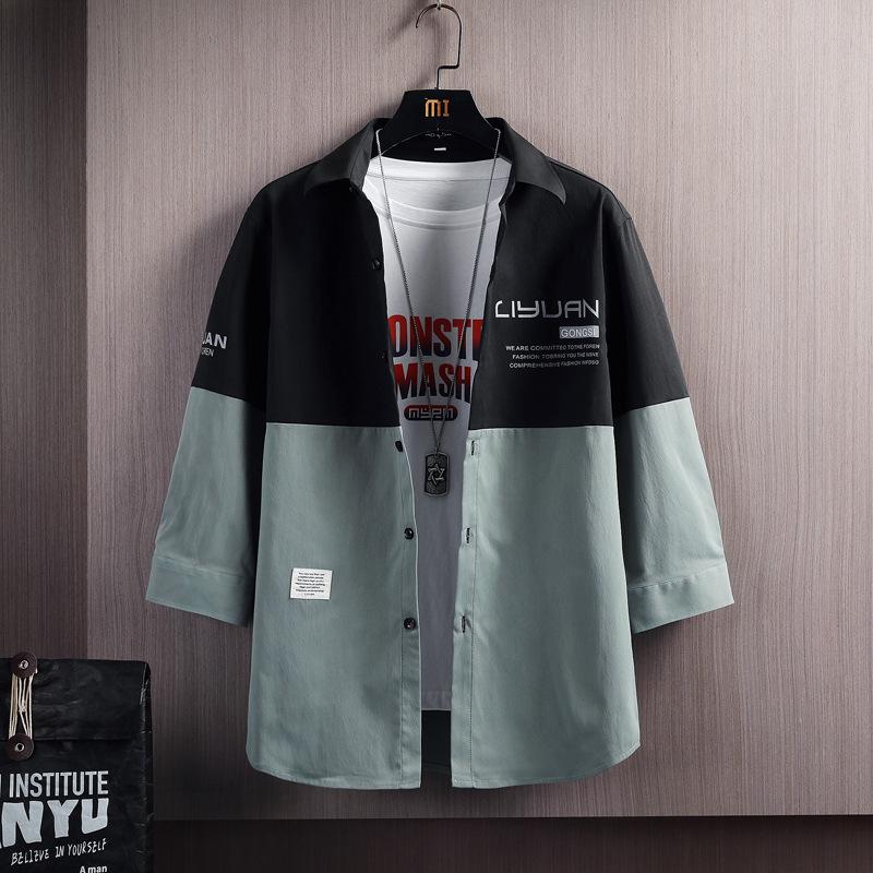 Мужская весенне-осенняя рубашка с длинным рукавом в стиле пэчворк - Стильная куртка в гонконгском стиле M светло-зеленый 
Мужская весенне-осенняя рубашка с длинным рукавом в стиле пэчворк - Стильная куртка в гонконгском стиле M светло-зеленый