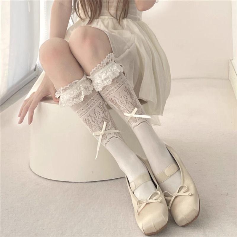 Lace Trim Bowknot Girlish Knee-High Socks Japanese Style Hollow Ballet-Inspired Calf Slouch Socks Double-Wear Design One Size
Lace Trim Bowknot Girlish Knee-High Socks Japanese Style Hollow Ballet-Inspired Calf Slouch Socks Double-Wear Design One Size
