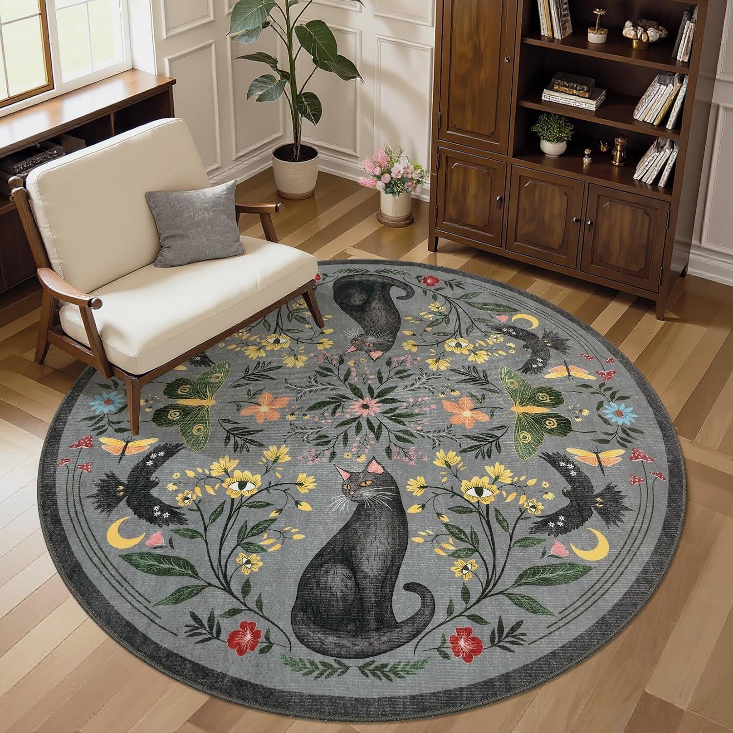 Cat Flower Pattern Round Rug Soft Non Slip Living Room Carpet Boho Floral Bird Prints Retro Home Decor Floor Protection Mat 60cmx60cm
Cat Flower Pattern Round Rug Soft Non Slip Living Room Carpet Boho Floral Bird Prints Retro Home Decor Floor Protection Mat 60cmx60cm