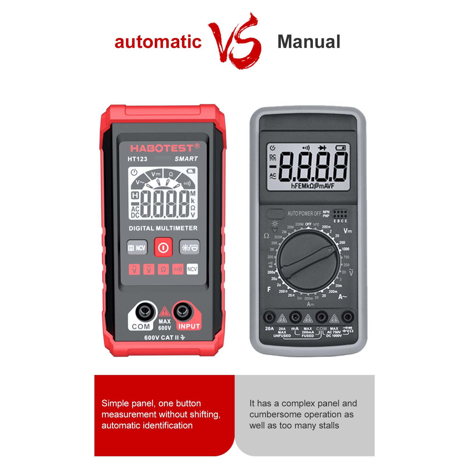 HABOTEST HT123 Цифровой мультиметр Мультиметр с автоматическим диапазоном, 2000 отсчетов, истинное среднеквадратичное значение, измерение переменного/постоянного тока
HABOTEST HT123 Цифровой мультиметр Мультиметр с автоматическим диапазоном, 2000 отсчетов, истинное среднеквадратичное значение, измерение переменного/постоянного тока