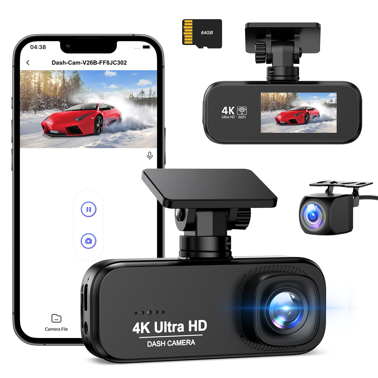 Dashcam with Front and Rear Cameras, 4K UHD 8MP + 1080P Full HD HDR/WDR Correction, 5G WIFI, 170-degree Wide Angle View, 64GB Card Included, F1.8 Larg
Dashcam with Front and Rear Cameras, 4K UHD 8MP + 1080P Full HD HDR/WDR Correction, 5G WIFI, 170-degree Wide Angle View, 64GB Card Included, F1.8 Larg