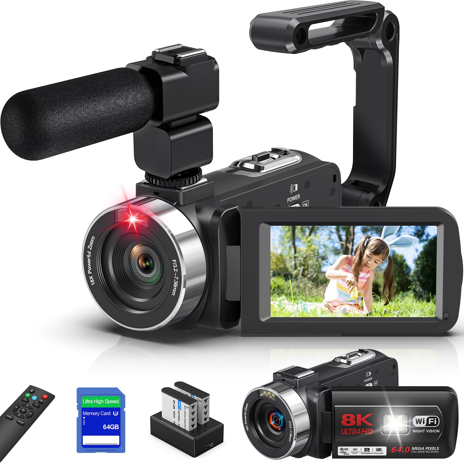 Відеокамера 8K 64MP YouTube з 18-кратним цифровим 8 зовнішнім ручним стабілізатором зображення, ІЧ нічним баченням та світлодіодним підсвічуванням, дистанційним керуванням, SD-картою 64 ГБ та японською інструкцією, Wi-Fi,
Відеокамера 8K 64MP YouTube з 18-кратним цифровим 8 зовнішнім ручним стабілізатором зображення, ІЧ нічним баченням та світлодіодним підсвічуванням, дистанційним керуванням, SD-картою 64 ГБ та японською інструкцією, Wi-Fi,