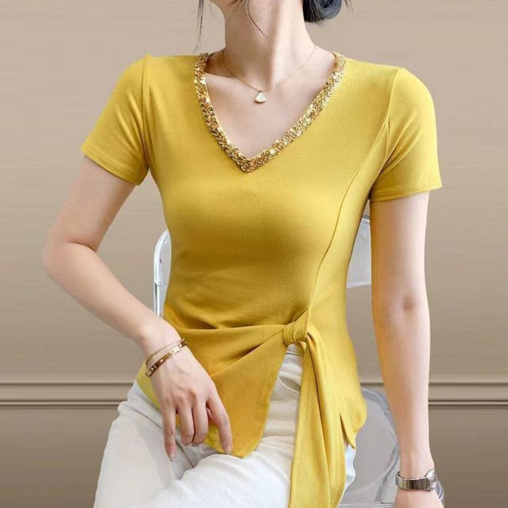 Fashionable Bright Diamond V-neck Slit Irregular Lace-up T-shirt Women Summer New Versatile Top S жёлтый
Fashionable Bright Diamond V-neck Slit Irregular Lace-up T-shirt Women Summer New Versatile Top S жёлтый