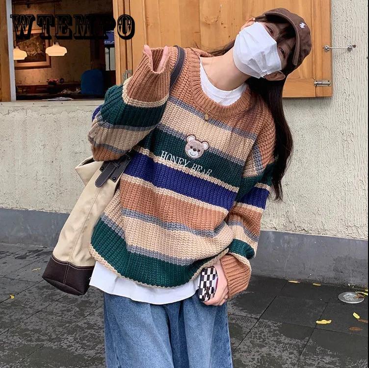 Японский свитер с милым медведем Мори, женский свободный пуловер, вязаный свитер в цветную полоску, топ 
Японский свитер с милым медведем Мори, женский свободный пуловер, вязаный свитер в цветную полоску, топ