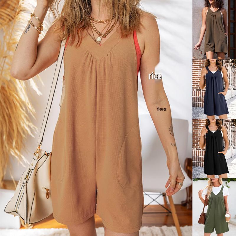 2025 Spring/Summer Sleeveless Waffle Knit Solid Color Jumpsuit with Side Pockets for Women XL чорний
2025 Spring/Summer Sleeveless Waffle Knit Solid Color Jumpsuit with Side Pockets for Women XL чорний