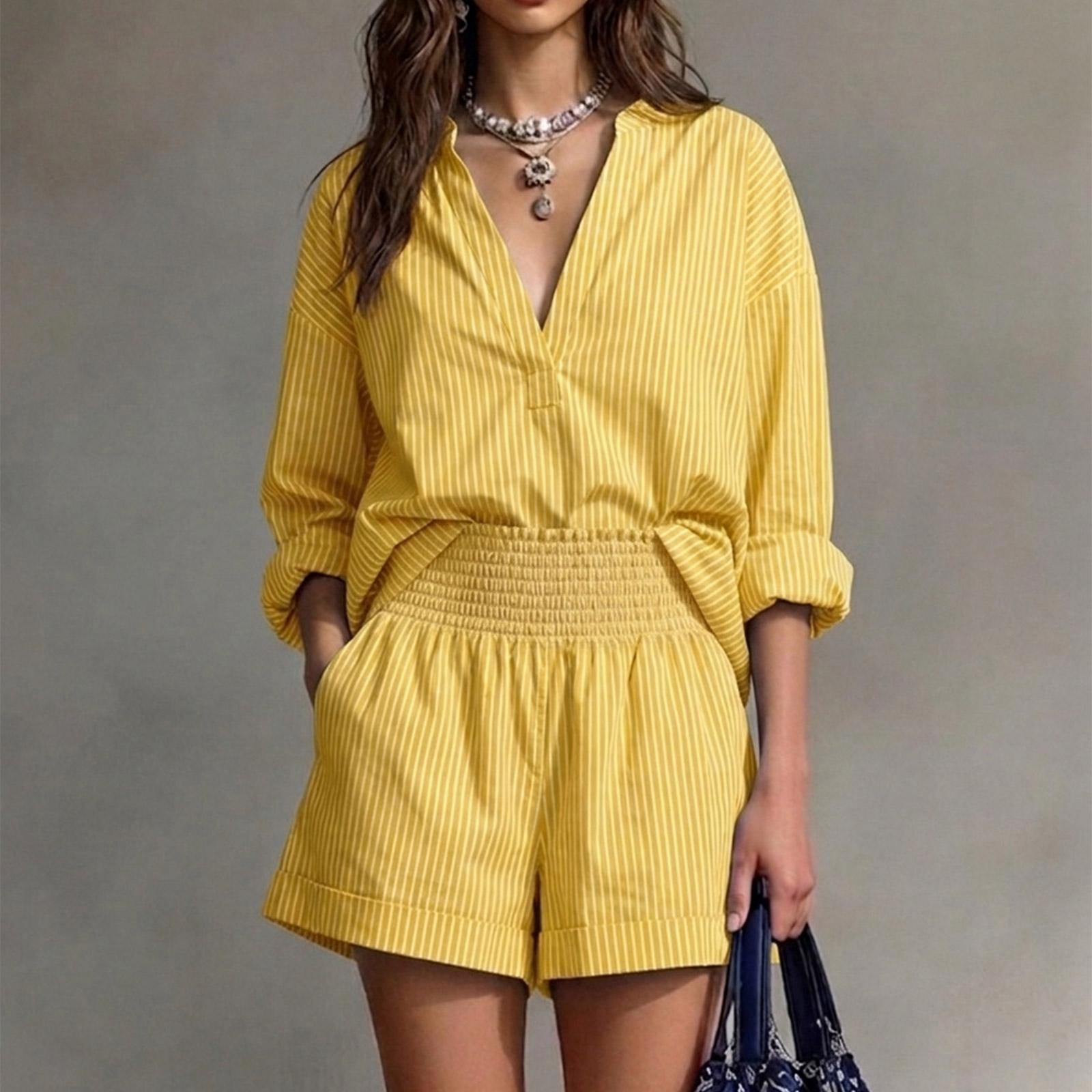 Womens Striped Two Piece Set V Neck Shirt with Pleated Waist Shorts Casual Classic Relaxed Fit Summer Outfit XXXL жовтий
Womens Striped Two Piece Set V Neck Shirt with Pleated Waist Shorts Casual Classic Relaxed Fit Summer Outfit XXXL жовтий