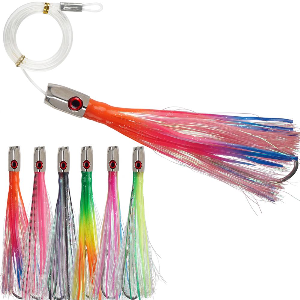 6Pcs Skirt Trolling Fishing Lures 90g/3.17oz Big Game Saltwater Trolling Lures with Shark Hook Leader Line for Wahoo Tuna Marlin
6Pcs Skirt Trolling Fishing Lures 90g/3.17oz Big Game Saltwater Trolling Lures with Shark Hook Leader Line for Wahoo Tuna Marlin
