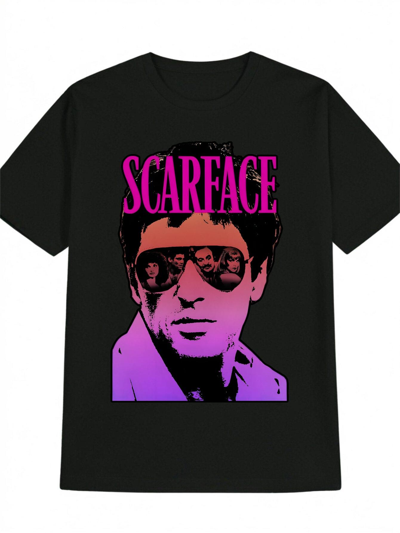 Scarface Graphic Casual T-shirt - Black Round Neck Summer Tee with Bold Pink Text & Purple Fashion Glasses Print S
Scarface Graphic Casual T-shirt - Black Round Neck Summer Tee with Bold Pink Text & Purple Fashion Glasses Print S