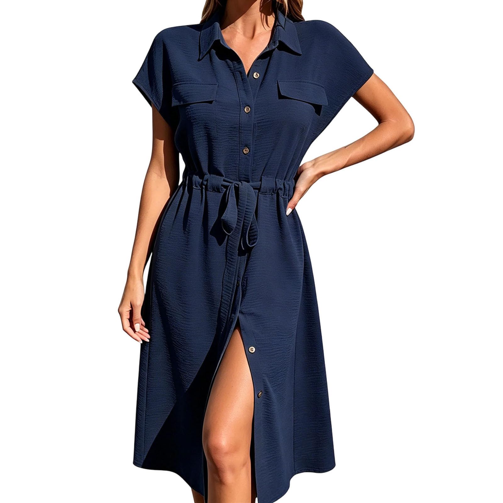 Women s Casual Button Down Shirt Dress with Waist Tie and Short Sleeves Midi Length Relaxed Fit Lightweight Fabric S Темно-синій
Women s Casual Button Down Shirt Dress with Waist Tie and Short Sleeves Midi Length Relaxed Fit Lightweight Fabric S Темно-синій