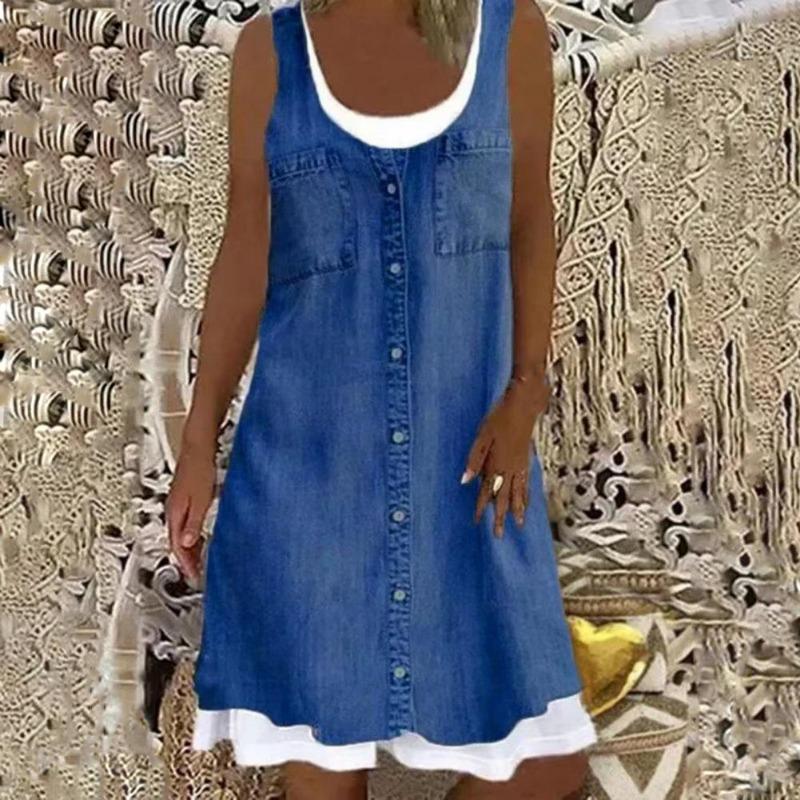 Trendy Women Fashion Sleeveless Fake Two Piece Dress Summer Casual Crew Neck Denim Print Tank Dress Loose Fit A-line Mini Dress S
Trendy Women Fashion Sleeveless Fake Two Piece Dress Summer Casual Crew Neck Denim Print Tank Dress Loose Fit A-line Mini Dress S