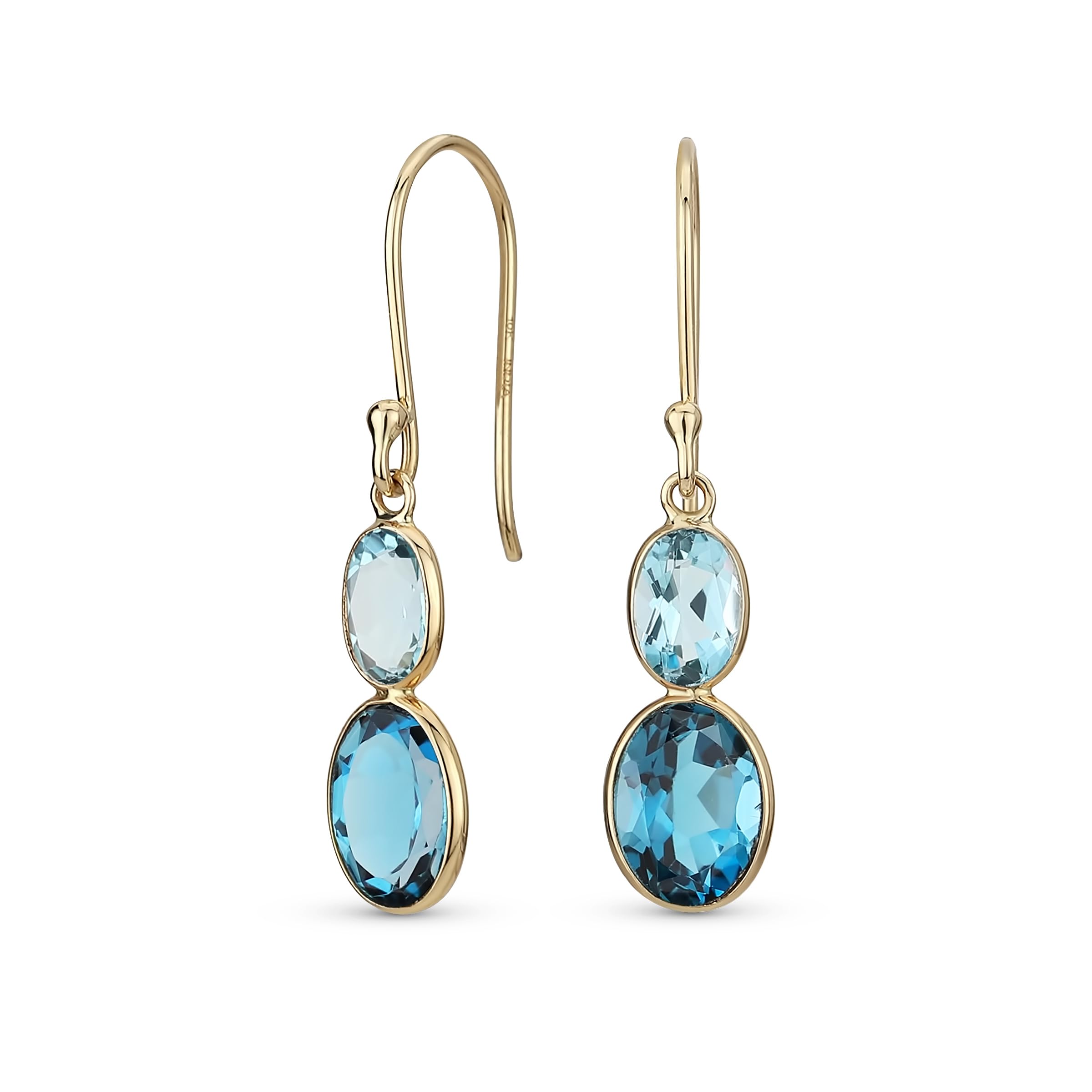 elegant double oval London blue topaz Swiss blue topaz dangle drop earrings with bezel set faceted briolette gemstones in genuine 10K wire fish hooks
elegant double oval London blue topaz Swiss blue topaz dangle drop earrings with bezel set faceted briolette gemstones in genuine 10K wire fish hooks