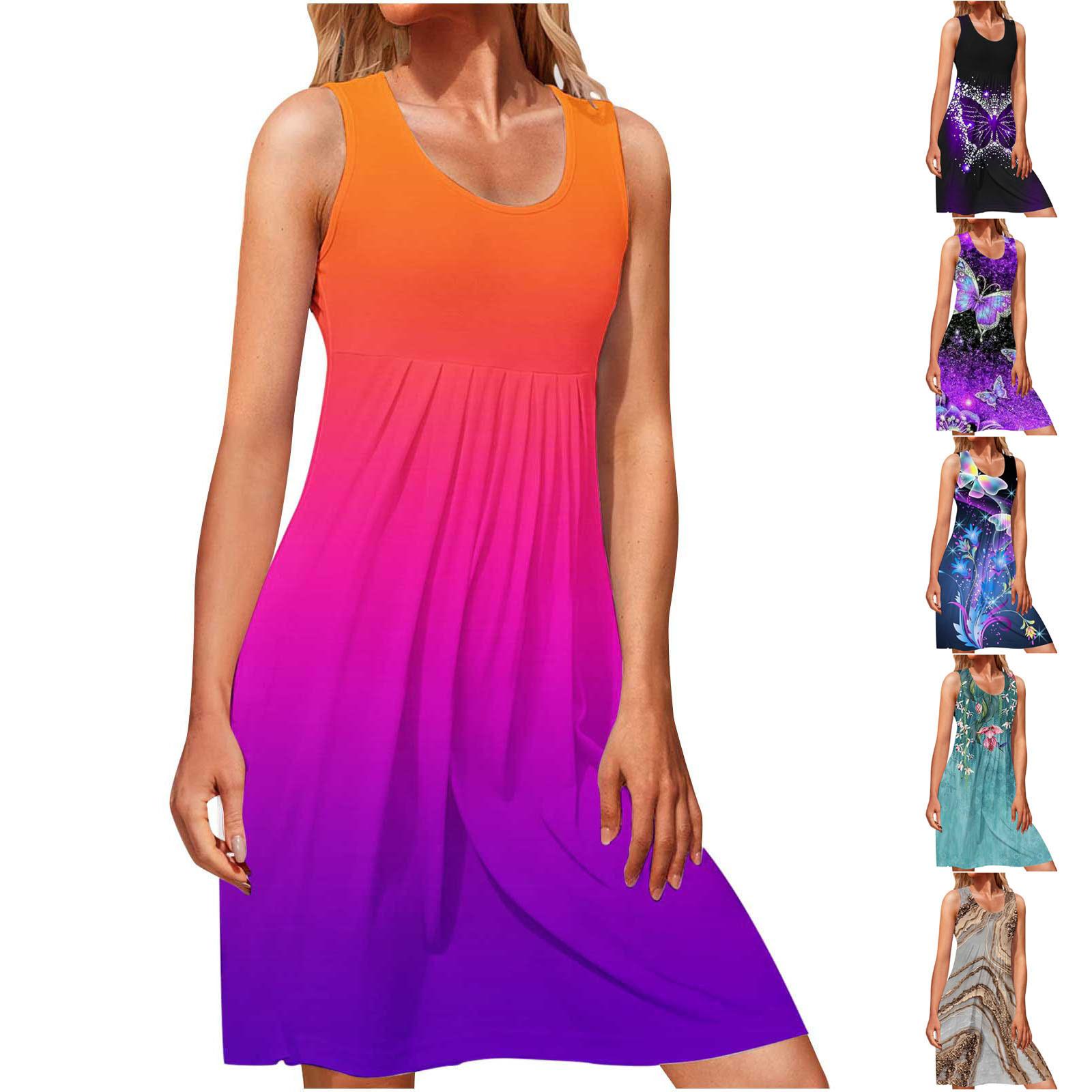 Женское летнее приморское модное повседневное платье без рукавов с круглым вырезом и принтом