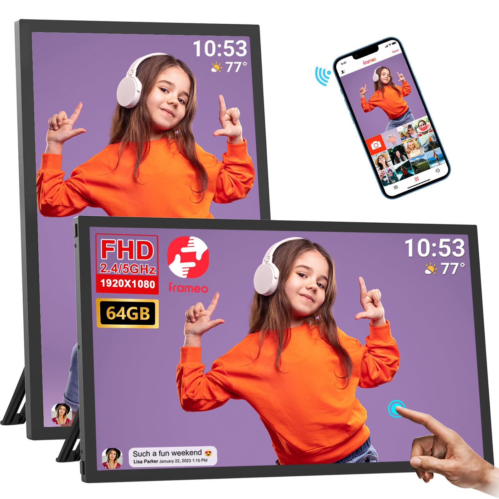 64GB FRAMEO inch digital photo frame compatible touch panel 1920x1080 IPS FHD wide viewing angle photo music video transfer remote slideshow free app
64GB FRAMEO inch digital photo frame compatible touch panel 1920x1080 IPS FHD wide viewing angle photo music video transfer remote slideshow free app