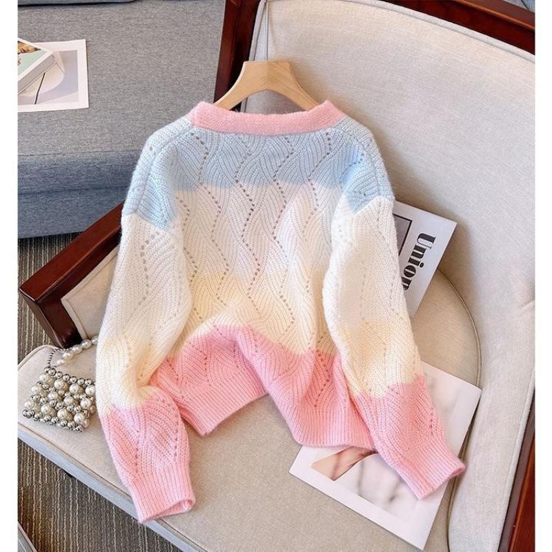 Korean Color Block V-Neck Knit Cardigan - Spring/Autumn Patchwork Sweater Top