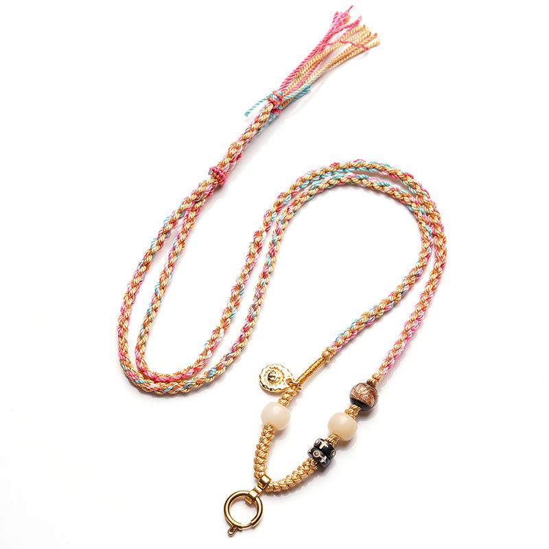 Handmade Thai Amulet Chain: Tibetan Thangka Pendant with Hand-Rubbed Cotton Rope & Dzi Agate - Style A