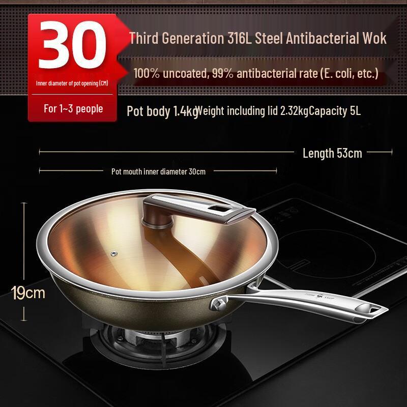 Food-Grade 304/316L Stainless Steel Induction Wok, Non-Stick, Round Bottom, No Coating