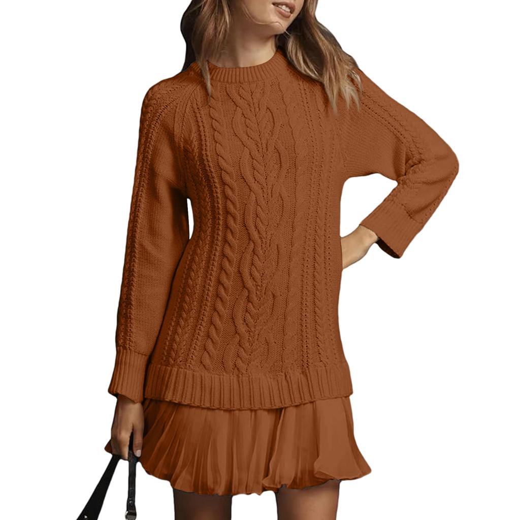 Women's Solid Round Neck Dough Twists Knitting Chiffon Splicing Sweet Temperament Dress