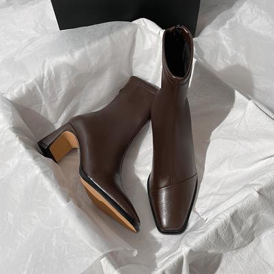 Brown Boots High Heel Year Thick Heel Temperament Rear Zipper Square Head Elastic Skinny Boots