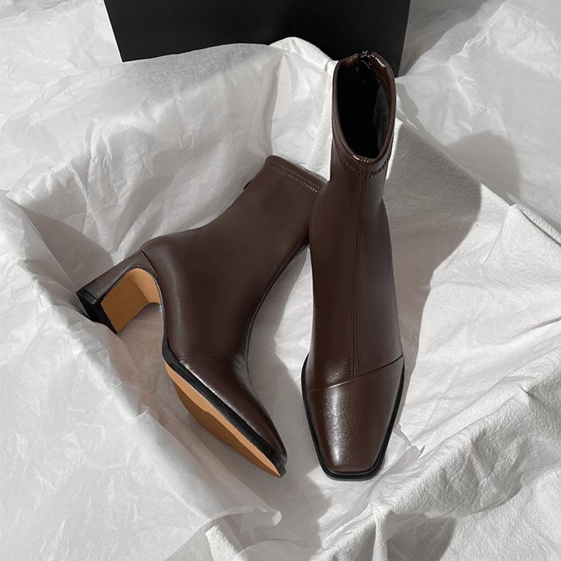 Brown Short Boots Women's High Heel Autumn and Winter Thick Heel French Temperament Rear Zipper Square Head Elastic