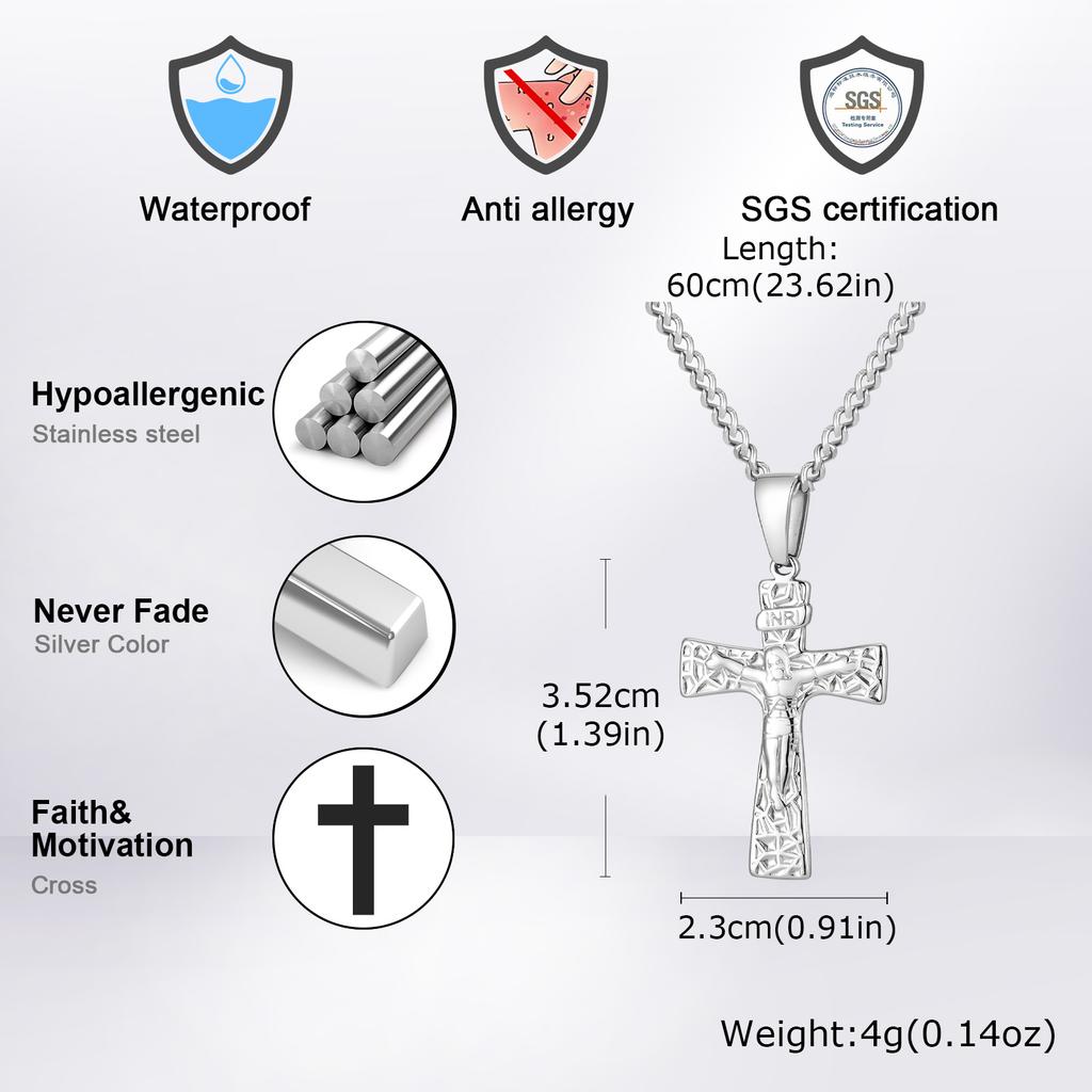 Vintage Religious Jesus Cross Pendant Necklace, Stainless Steel Chain Necklace for Men Church Prayer Faith Jewelry