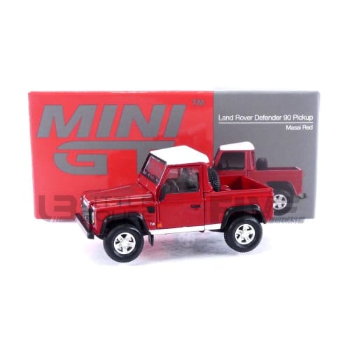 TrueScale Miniatures MINI GT 1/64 Scale Land Rover Defender 90 Pickup, Masai Red, Left-Hand Drive, Finished Model