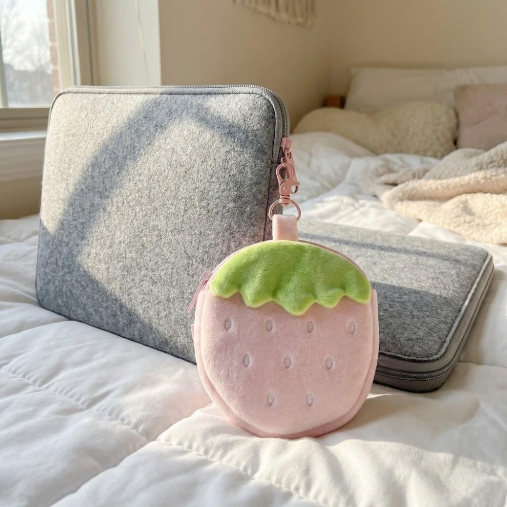 Zipper Design Plush Strawberry Keychain Lipstick Card Bag Earphone Bag Gift Giving