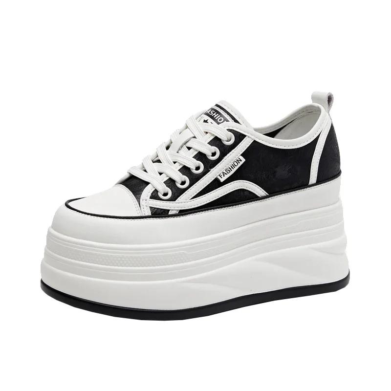 

Женские дышащие туфли из вулканизированной кожи на высоком каблуке 9 см, новинка 2024 года, женские повседневные дышащие спортивные туфли с внутренним подъемом 34 чёрный