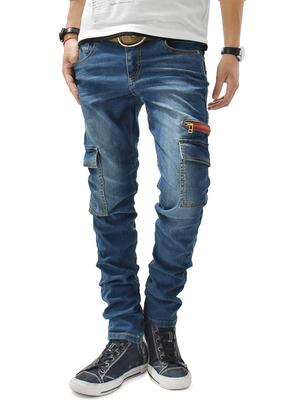 Ash Red Zipper Skinny Cargo Denim Pants, 3 Colors (XL, Indigo)
