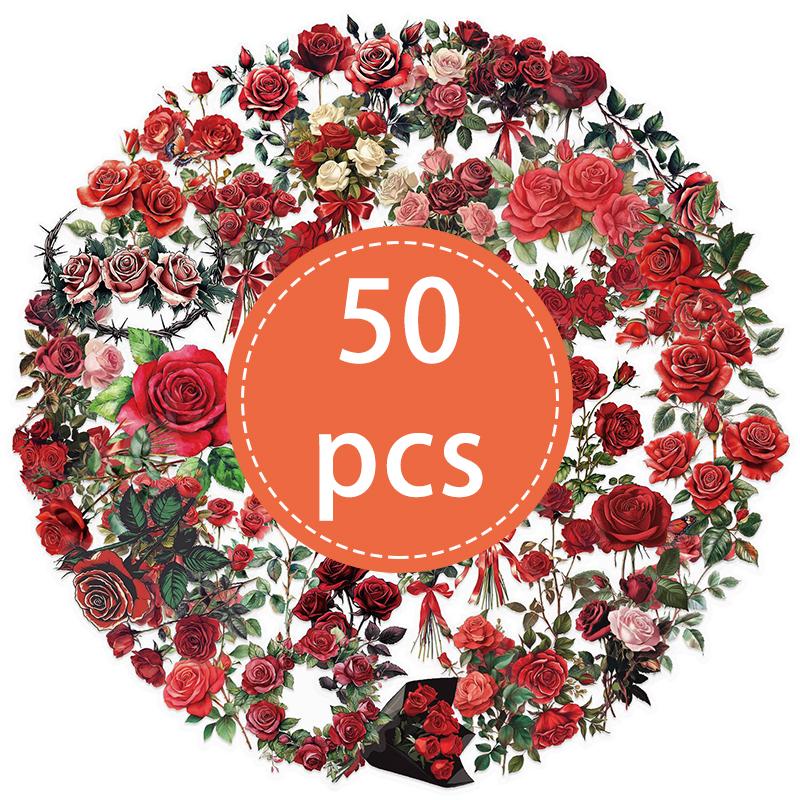 High-Quality 50Pcs High-Quality Vintage High-Quality Red High-Quality Rose High-Quality Stickers High-Quality Realistic High-Quality Transparent
