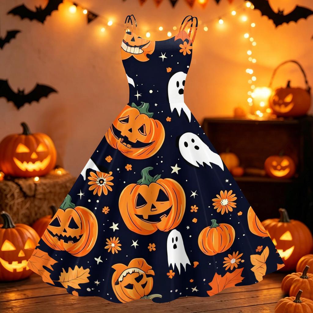 Womens Halloween Print Dress Off Shoulder Punk Style Vintage Flared Skirt Spaghetti Strap Sleeveless Dress for Party