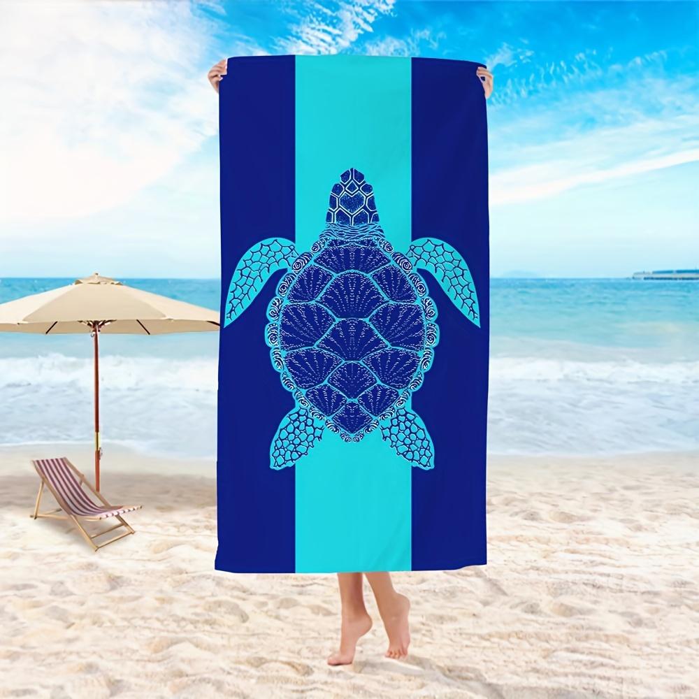 Navy Blue & Teal Stripe Sea Turtle Beach Towel Tribal Print Absorbent Towel for Beach Pool Camping Picnic & Bath Use W40*H60(CM)