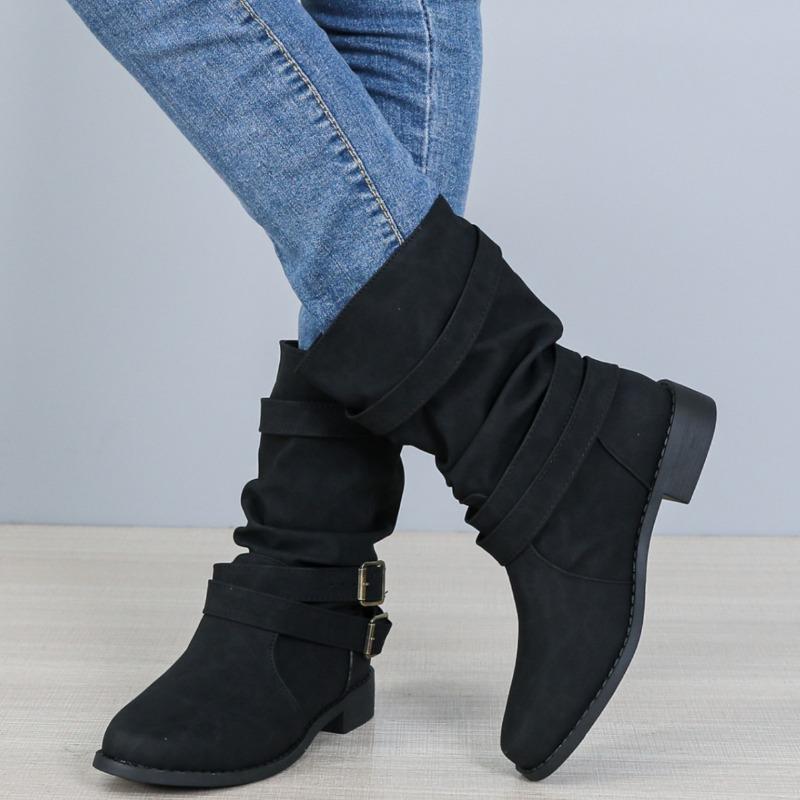 Bottines moyennes à semelle plate pour femmes, automne et hiver, nouvelles bottes de chevalier à boucle de ceinture, bout rond, grandes tailles pour femmes, bottes cigarette