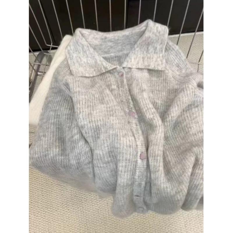 Gentle wind blue sweater lazy wind women's autumn and winter lapel knitting soft waxy design unique top