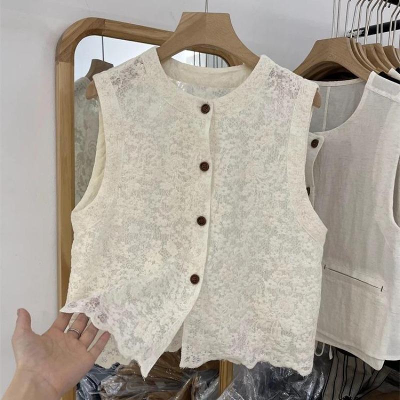 Summer new sweet lace hollow sleeveless vest women's single-breasted loose temperament waistcoat cardigan top