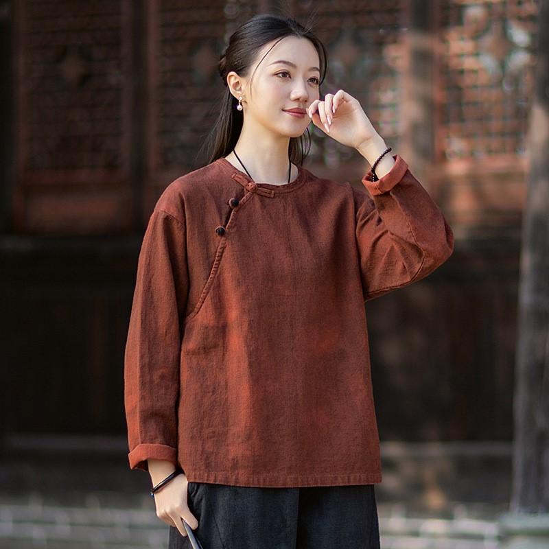 Johnature Dames Vintage T-shirts Lente Chinese Stijl Tie-dye T-shirts Ronde Hals Lange Mouw Dames T-shirts