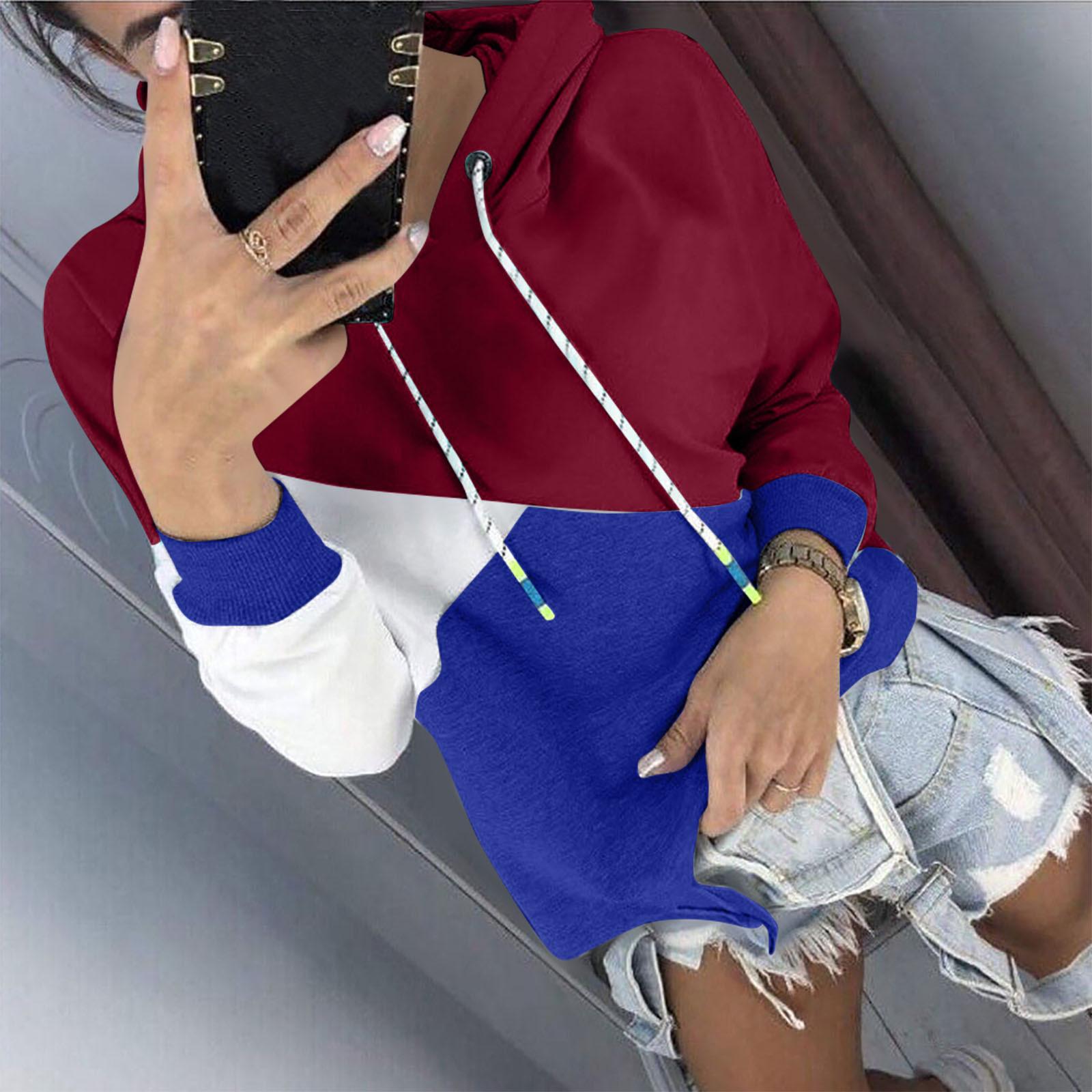 

Women Long Sleeve Patchwork Hoodie Hooded Sweatshirt Pullover Tops Blouse XL