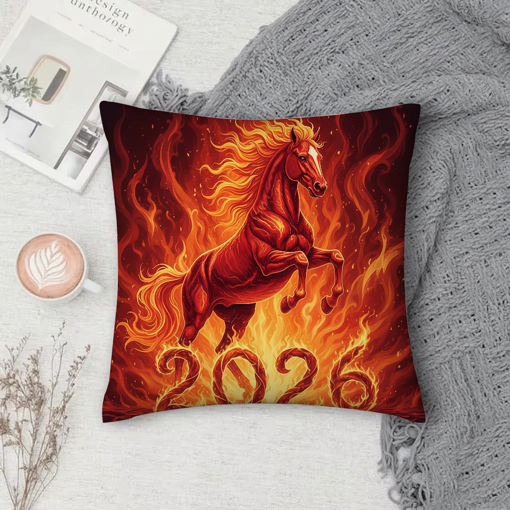 Chinese New Year Horse Pillow Case Square Double-Sided Printing Sofa Cushion Cover Pillowcase Bedroom Bedside