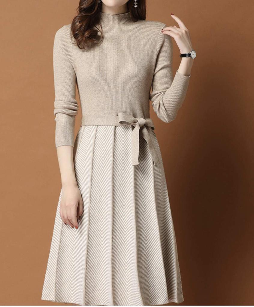 SION Knit Midi Natural Shrine Flared Waist Belt SC193 BG M Dress, Length, Pleated, Soft, Style, Winter/Spring, Visit, Semi-Formal, Leather, Belted,